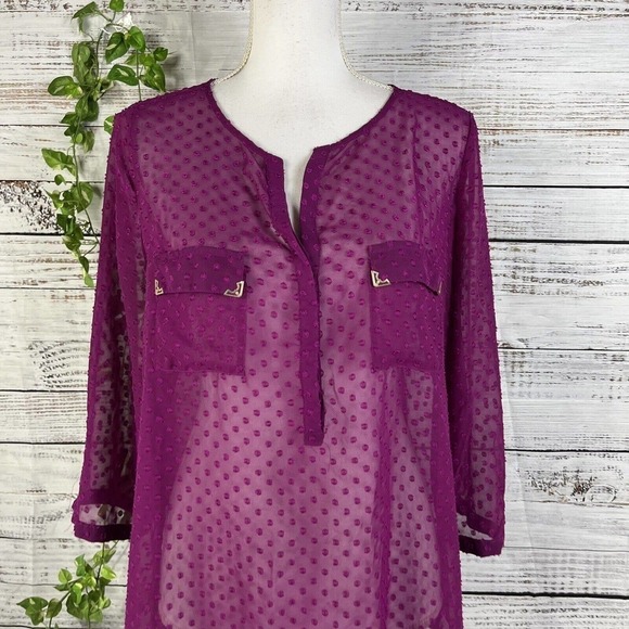 The Limited Blouse Tunic size Large Mulberry Purple Sheer Gold Pockets Lagenlook - Picture 3 of 10